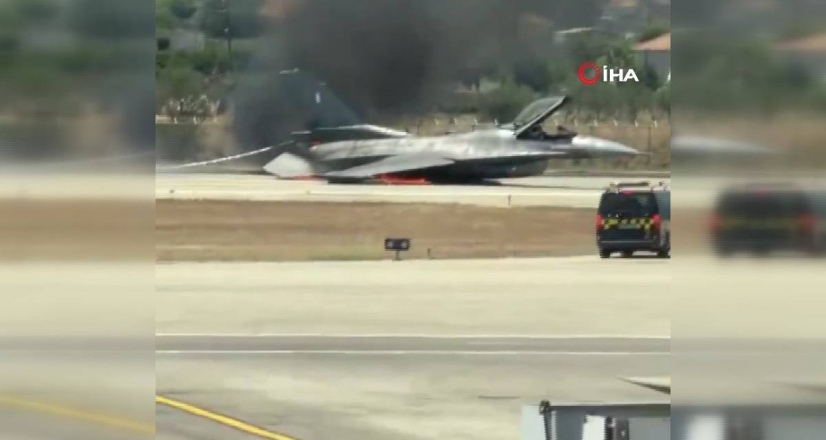 Yunanistan’da acil iniş yapan F-16 savaş uçağı alev aldı